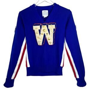 Vintage Varsity Letterman Sweater 70s Dallas Knitting Co Women's Pom Pom V-Neck